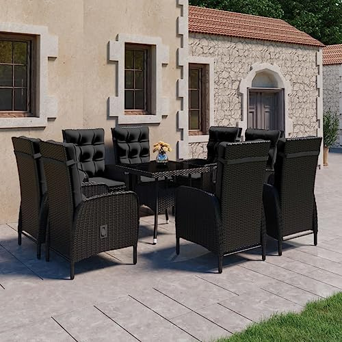 Kaloriko Salon de jardin 9 pièces en polyrotin et verre, noir, table 120 x 120 cm, fauteuils réglables, pour meubles de patio d'extérieur
