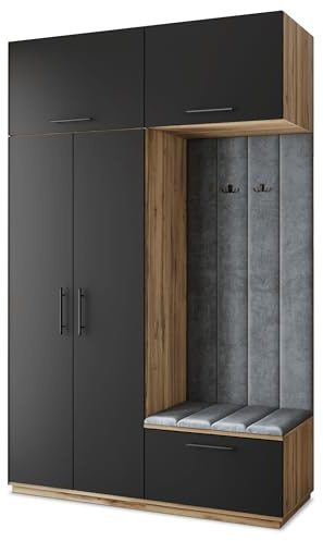Masseno Flugarderoben Set Rema, Kleiderschrank-Set mit Sitzbank, Garderobenschrank Flur mit 5 Regalböden, Eiche Wotan/Schwarz