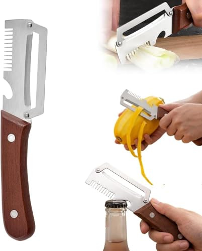 Pelador de Verduras Multifuncional, 2026 Pelador de Cuchillas de Acero Inoxidable 3 en 1 para Cocina con Mango de Madera y Abridor de Botellas, Peladores ultra Afilados Herramienta de Cocina (1 PCS)