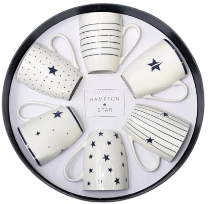 Tipperary Hampton Star Mug Gift Set of 6 Blue Bone China Mugs 350ml | Tea & Coffee Cups | Stars & Stripes Design | Gift Box Hat Box Packaging | Microwave & Dishwasher Safe