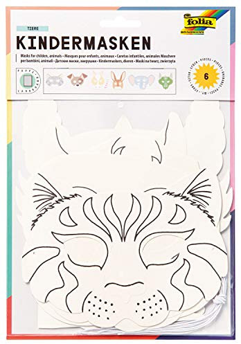 folia 23209 - Kindermasken Tiere aus Pappe, Motive sortiert, 6 Stück, weiß, zum selbst Bemalen und Gestalten, für Kinder, Jungen und Mädchen, ideal für Kindergeburtstage und Partys