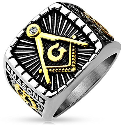 Autiga Freimaurer Ring Herren Edelstahl Tempelritter Ring Masonic Siegelring Symbol G Winkel und Zirkel Silber 59 - Ø 18,95 mm
