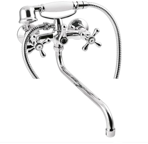 Chrome Cross Tap Head Bath Filler + Shower Mixer Wall Mounted, Long 30cm Spout