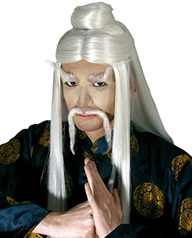 Schnurrbart Fu Manchu - Master Lee - Weiß - professioneller Oberlippenbart mit Echthaar Anteil - Verkleidung Kostüm-Accessoire Karneval Fasching (inkl. Hautkleber)