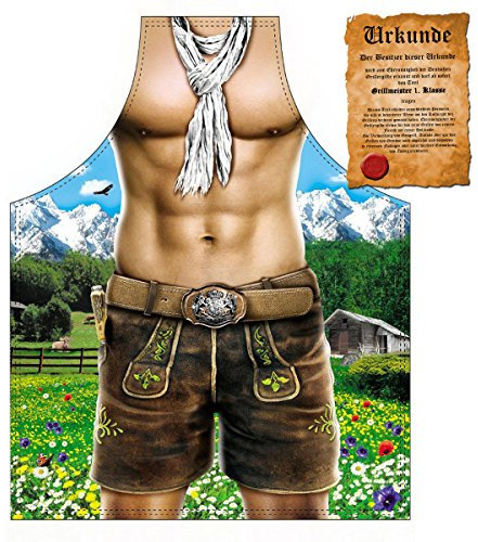 Mega Sexy Schürze Grillschürze Kochschürze mit Urkunde - sexy Lederhose Alpenmodel ER - lustiger Scherzartikel Karneval Bayerm Boarisch Fasching Geschenkidee