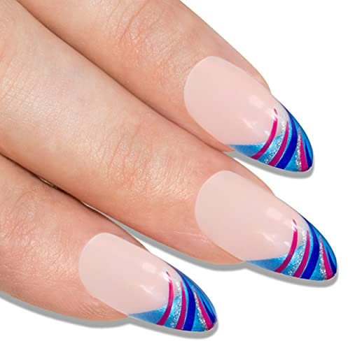 Falsche Nägel Bling Art Glitter Blau Stilett Mandel 24 Kunstnägel Lange Tipps mit Kleber