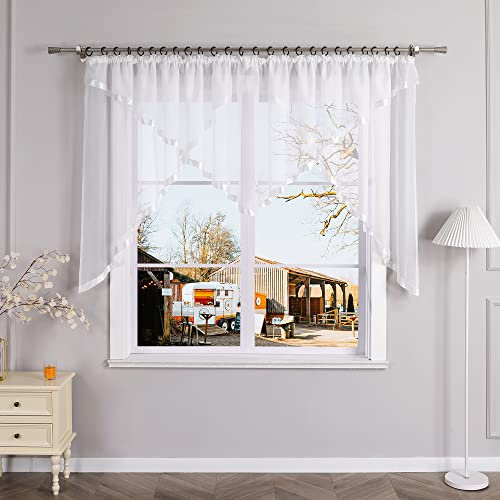 Yujiao Mao Voile Scheibengardine mit Satinband Mode kurz Gardine mit Kräuselband Transparent Weiß HxB 145x300cm