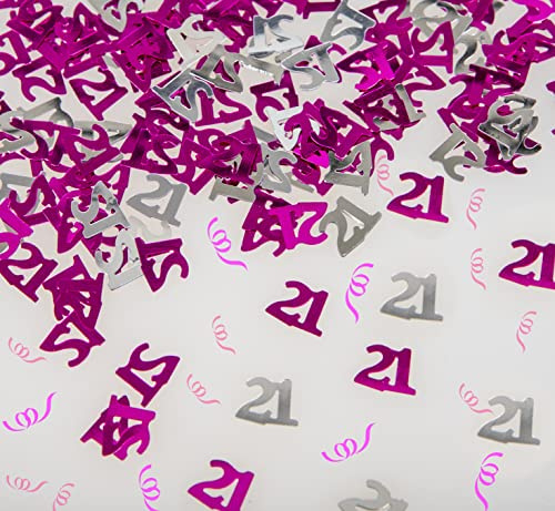 21st Birthday Confetti 14g - Pink & Silver Metallic Foil Table Scatter Sprinkles, Number 21 Party Decorations for Birthday Tables, Cards, Invitations, Gift Bags and Celebration Décor