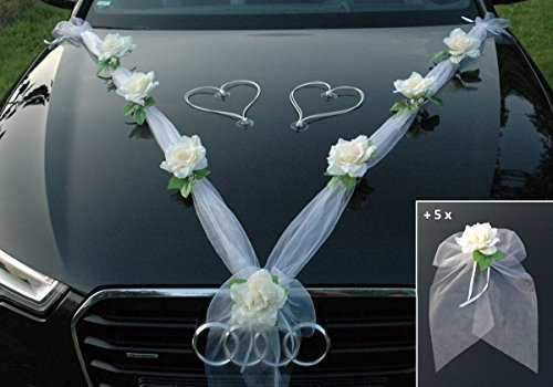 Organza M + Schleife Auto Schmuck Braut Paar Rose Deko Dekoration Autoschmuck Hochzeit Car Auto Wedding Deko Ratan Girlande PKW … (Ecru Weiß H)