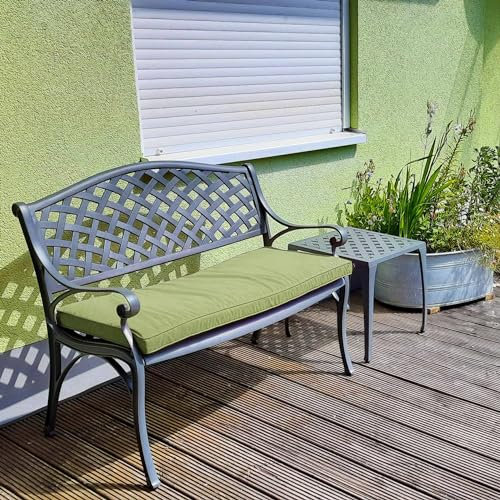 Lazy Susan Jasmine Metal Garden Bench | 2-seater in Slate Grey with Green Cushion | Weatherproof Garden Bench | Cast aluminium | Rust Proof | 3 Year Guarantee