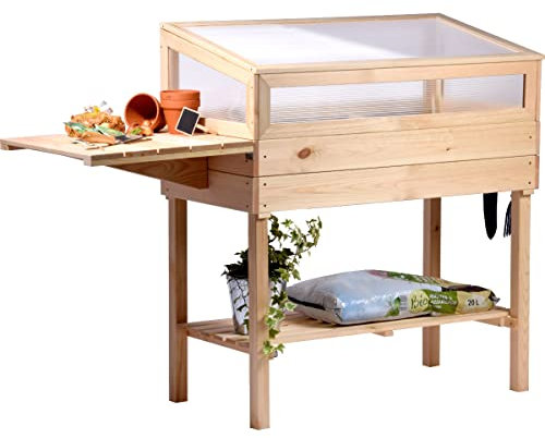 dobar® 58395e - Scaldabagno rialzato in Legno massello, Misura L, con Attacco per Telaio Freddo, con ripiano e Tavolo Pieghevole, fioriera con Serra, 150 x 50 x 107 cm, Naturale