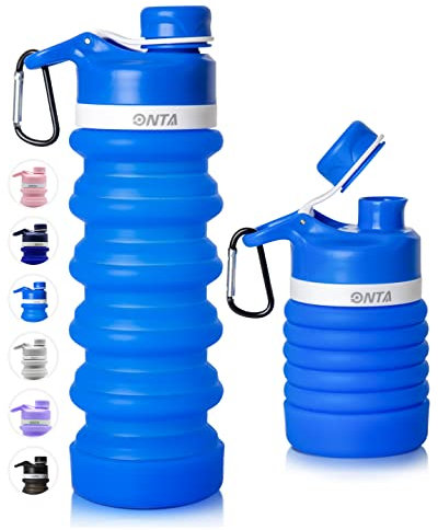 ONTA Faltbare Wasserflasche, BPA-freie Silikon-Wasserflaschen für Reisen, FDA-zugelassen, lebensmittelechtes Silikon, tragbar, auslaufsicher, Reisewasserflasche, 590 ml, Blau