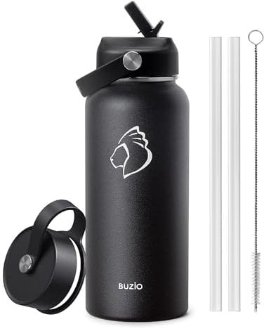 BUZIO Insulated Water Bottle with Straw, 1L Stainless Steel Water Bottle with Straw Lid and Flex Cap Cold for 48 Hrs, Hot for 24 Hrs Double Wall Wide Mouth BPA Free Leak Proof, Black