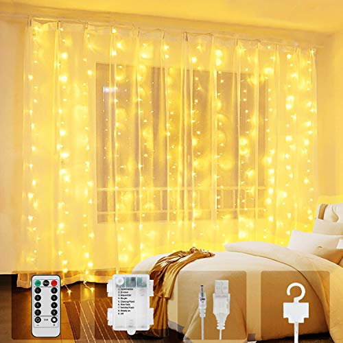 SENYANG Cortina de Luces - 300 LED 3x3 Metro Navidad Pilas 8 Modos Con Control Remoto Impermeable Para Fiestas Bodas Interior Exterior Decoración