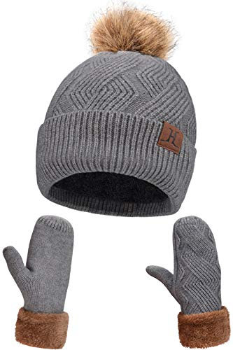 Maylisacc Warme Beanie Mütze Mit Bommel und Handschuhe Fäustlinge Set Damen, Wintermütze Fausthandschuhe mit Weich Fleecefutter, Grau