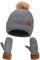 Maylisacc Warme Beanie Mütze Mit Bommel und Handschuhe Fäustlinge Set Damen, Wintermütze Fausthandschuhe mit Weich Fleecefutter, Grau