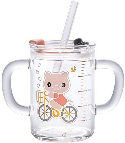 Tasse à Lait pour Enfants avec 2 Pailles et Couvercle, Tasse en Verre Transparent 250ml Verre d'eau Mesurer Dessin Animé Impression avec Double Poignée Tasses de Apprentissage pour Filles et Garçons