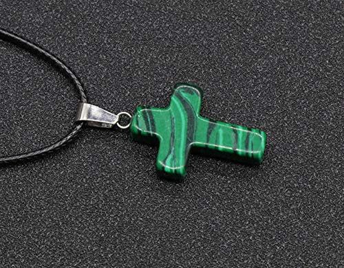 LIUYUYOUGO Stein Anhänger Halsketten,Vintage Kreuz Anhänger Natürlicher Malachit Edelstein Retro Charms Lederkette Religiöser Gebetsschmuck Geburtstag Weihnachten Unisex Geschenk