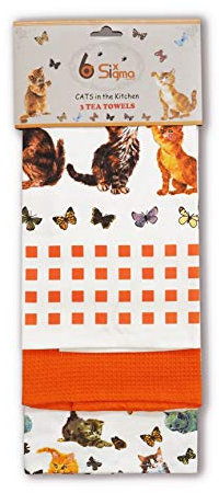 SiXsigma Sports Tea Towels 100% Cotton Decorative Kitchen Dish Linen Cooking BBQ Pack of 3- Cats Lover Gift Premium Quality Grill Bake Ware