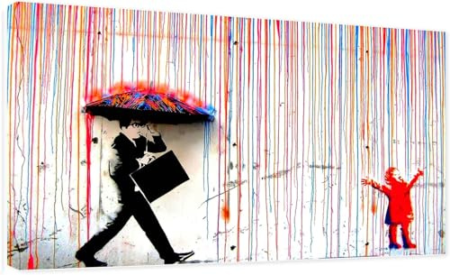 Kunstbruder- Banksy Bilder Men in the Rain, Streetart kunstdruck und Mood Leinwandbild für Wohnzimmer, colorfull Raining fertig zum Aufhängen (div. Formaten) (20x30 cm)