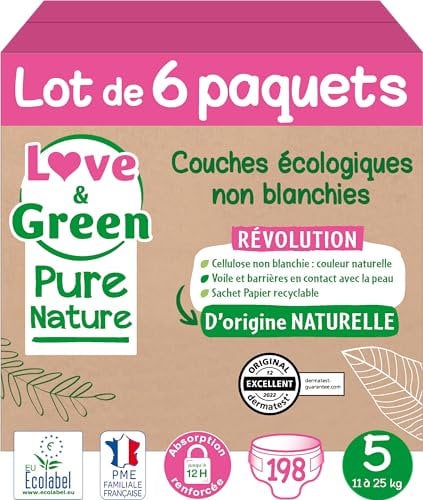 Love & Green Pure Nature 198 Stück ökologische ungebleichte Windeln T5 x 33 (11-25 kg)