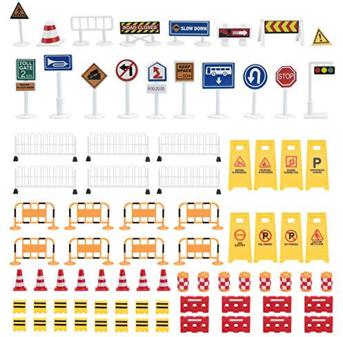 NUOBESTY Road Signs, 62pcs Kids Miniature Traffic Sign Mini Roadblocks Construction Accessories Educational Toys for Kids Cognitive Learning, Fun Playtime