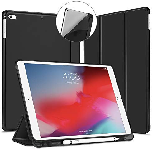 VAGHVEO Case Compatible with iPad 9.7 2018 2017 / iPad Air 1 Air 2 Cover with Pencil Holder, Slim Tri-fold Protective Smart Cases, Flexible Soft Shockproof TPU Translucent Frosted Back Cover, Black