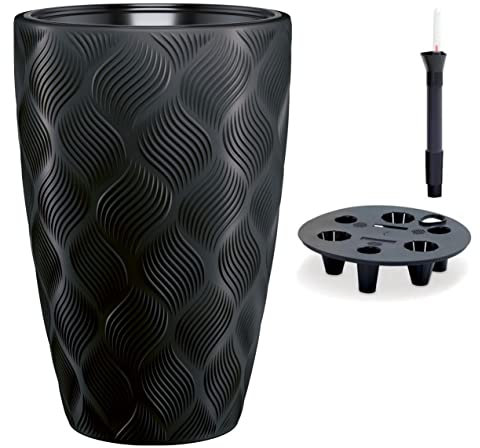 MELTOM Pot de fleurs avec système d'irrigation rond haut effet 3D décoratif, couleur : noir, diamètre : 39 x 58 cm