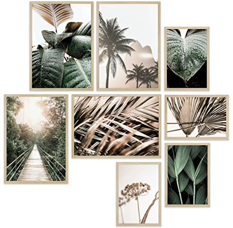 Heimlich® Premium Poster Set mit Bilderrahmen Holz Eiche | 4 x DIN A3 & 4 x DIN A4 - ca. 30x42 & 21x30 | Stilvolle Poster Collagen mit modernen Bilder als Wanddeko |» Pflanzen Reisen «