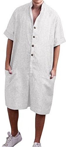 Tuta da uomo Primavera ed Estate Top Jumpsuit Tinta Unita Manica Corta Singola Fila Tuta Uomo Cardigan con Grande Tasca Giacche Uomo Capispalla in Cotone e Lino, bianco, M