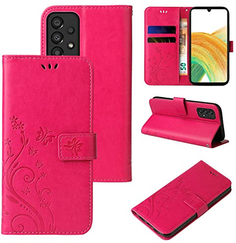 LBH Handy Hülle für Samsung Galaxy A33 5G Case Handytasche Schmetterling Blumen Flower Standfunktion Schutzhülle Magnet Rundum Schutz 360 Grad Flipcase Cover Pink