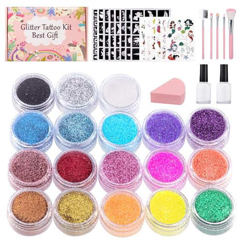 Glitzer Tattoo Set Kinder Mädchen Glitzertattoos mit 18 Farben Glitzerpulver 115 Schablonen 2 Kleber 5 Pinsel Wasserdichte Tattoos Geschenk für Partys Geburtstag Halloween Ostern Weihnachten