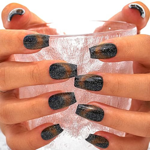 Sethexy French Medium Long False Nails Handmade Black Cat Eye Gradient Press On Nails Glitter Glossy Acrylic Fake Nails Salon Quality Nail Art Removable for Women and Girls(V)