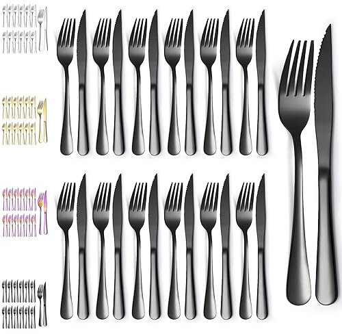 Evanda Juego de Cuchillos Negros para Carne 24 Piezas, Juego de 12 Tenedores y 12 Cuchillos para Cena, Cuchillos para Carne, Acero Inoxidable Titanizado Negro, Aptos para Lavavajillas
