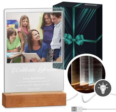 Maverton beleuchteter LED-Rahmen mit eigenem Foto, Glasfoto für Männer | Personalisiertes Acrylglasbild mit Holzständer mit LED-Beleuchtung, Glasfoto für Frauen zum Geburtstag, Größe: 15x24x4,5cm