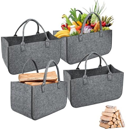 CEEDIR 4 Stück Filztasche Einkaufskorb Verdickte 5mm Kaminholztasche mit Tragegriffen Filztaschen Einkaufstasche Filz Tasche Kaminholzkorb Filz für Kaminholz, Zeitungen, Holz 50x25x25 cm (Hellgrau)