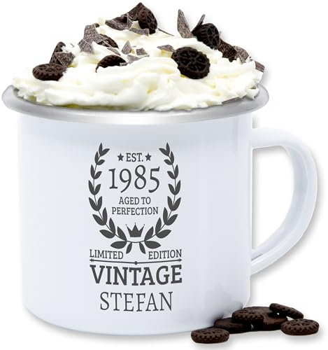 Emaille Tasse Blechtasse - 40. Geburtstag - Est.1985 Aged to perfection Limited Edition I - 300 ml - Weiß Silber - 40 1983 blechtassen 40.geburtstag 1984 vierzigster vintage vierzigsten - est.1984