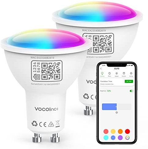 VOCOlinc GU10 Smarte Glühbirne, RGBW LED Lampe Kompatibel mit Apple HomeKit, Alexa und Google Assistant, WLAN Smart Bulb Dimmbar per App oder Sprache, 4.5W=50W, 2200K–7000K Warm/Kaltweiß, 2 Stück