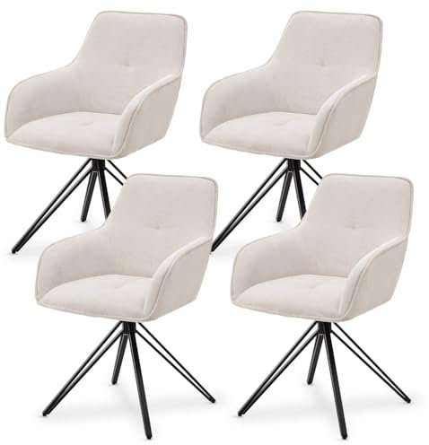 Juskys Drehstuhl Clyde mit Armlehne 4er Set - Esszimmerstuhl modern mit Stoff Bezug - Polsterstuhl Esszimmer - 120 kg belastbar - Stuhl Cord Beige