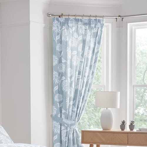 Dreams & Drapes - Blue Chrysanthemum Pleated Curtains W66 x L72 (168 x 183cm) - 2x Panels & Tie Backs - Vintage Floral Drapes - Botanical Pencil Pleat in Blue