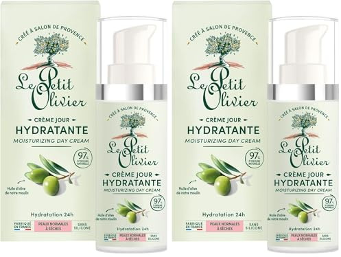 LE PETIT OLIVIER - Soin De Jour - Hydratant - Huile d'Olive - Peaux Normales à Sèches - 97% D'Origine Naturelle - Sans Silicone - Fabriqué en France - 50 ml (Lot de 2)