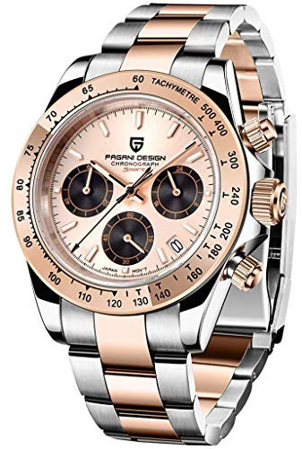 Pagani Design Klassische Quarzuhr für Herren, Japanisches Uhrwerk VK63, Keramik-Lünette, Edelstahl, wasserdicht, Business Sport, Chronograph Datum (Gold-schwarz-pd1644)
