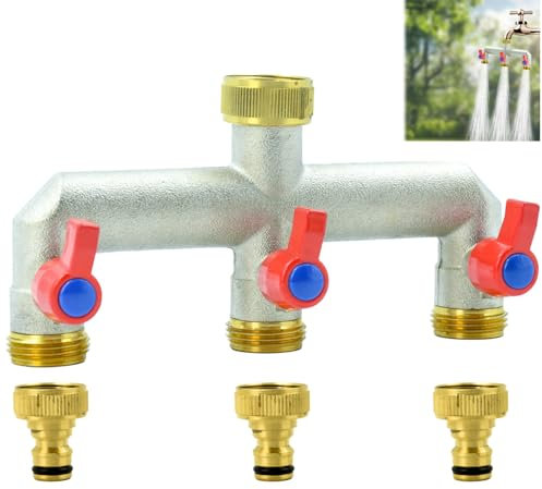 AolKee sdoppiatore rubinetto giardino, Distributore dell'acqua a 3 vie in ottone, con attacco per rubinetto da giardino, raccordo per rubinetto, per esterni, in ottone, 3/4 pollici