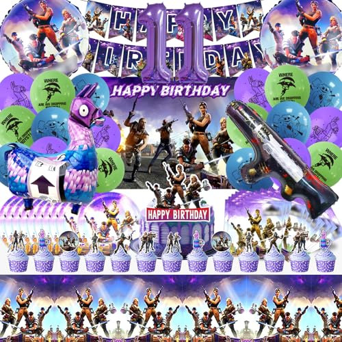 Fortnit Deko Geburtstag 11 Jahre, 81 Stück Geburtstagsdeko Set, Tortendeko, Luftballon, Party Deko, Speiseteller, Serviette, Kinder Geburtstags Dekoration