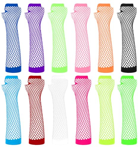 Vin Beauty 12 Paar neonfarbene Netzhandschuhe, lange fingerlose Fischnetz-Armstulpen für Cosplay, Halloween, Party-Szene, Kleidung für Damen und Mädchen, 80er-Jahre-Party, Kostüm, Zubehör (12 Farben)