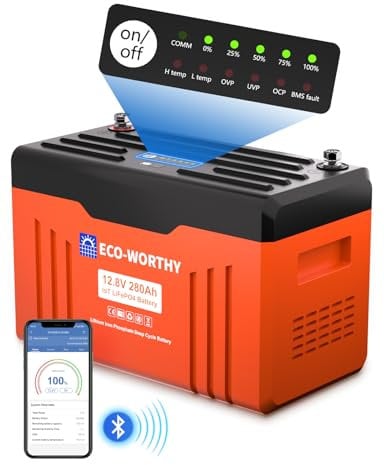 ECO-WORTHY LiFePO4 12V 280Ah Bluetooth und WiFi Lithium Batterie mit Monitor-Anzeigelampe, 300A BMS Niedrigtemperaturschutz, automatischer Ausfallalarm, 15000 Zyklen 3584Wh für Wohnmobile