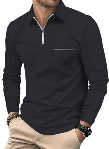 HMIYA Herren Poloshirt-Langarm Poloshirt aus Baumwolle Atmungsaktiv Casual T-Shirt mit Tasche,Grau,M