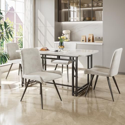 KUAKE Essgruppe (5-TLG),120x70cm Esstisch mit 4 Stühlen Set, Moderner Küchentisch Set, MDF Tischplatte in Weißer, Stuhl mit schwarzen Eisenbeinen (Beige)