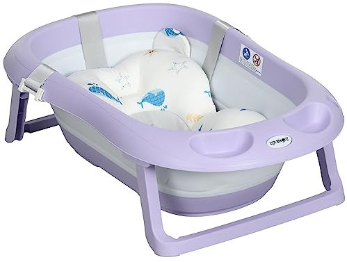 ZONEKIZ Bañera Plegable Bebé con Cojín Bañera Bebé 0-6 Años con Almohadillas Antideslizantes Orificio de Drenaje y Agujero de Ducha 83x48x23,5 cm Púrpura