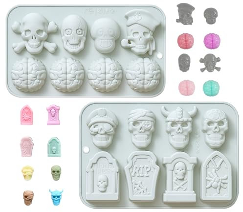 Fyfjur Moldes Silicona Halloween, 2 Piezas Moldes Reposteria Halloween Lápida Cráneo Cerebro, Moldes Bombones Silicona, Cráneo Molde Chocolate, Moldes Para Bombones, Dulces, Gelatina,Cubitos De Hielo